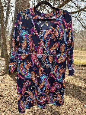 Lands' End Navy Paisley Floral Top with Teal and Orange Accents